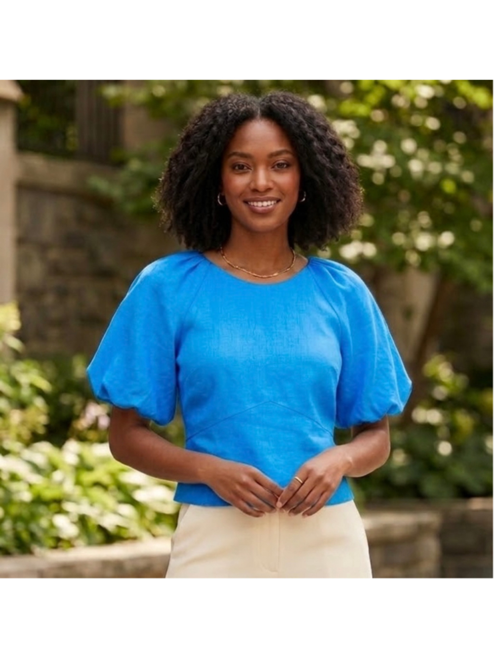 DKNY Linen Blend Puff Short Sleeve Top Blue Cottagecore Milkmaid Chic Large NWT